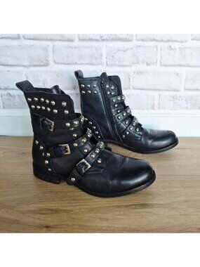 ⭐STEVE MADDEN Spunky Studded Black Leather Moto Biker Ankle Boots Womens Sz 7